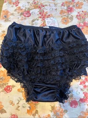 Vintage sexy dark navy layered Satin-Ruffled Lace adult Briefs pantaloons YY